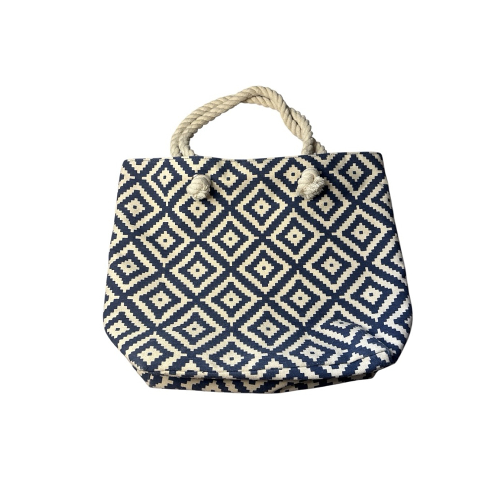 Summer & Rose Navy Blue & White Geometric Diamond Rope Handle Tote